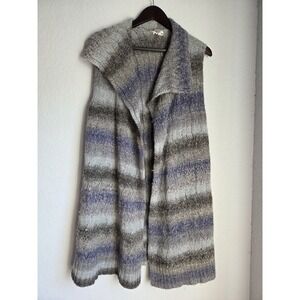 Chico's Womens 4 Stripe Blue Open Front Sleeveless Sweater Cardigan Wool Blend